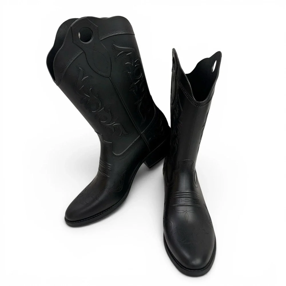 Womans Cowboy Rubber Rain Boots Sz 10 Black Pull On Water Resistant Southwestern